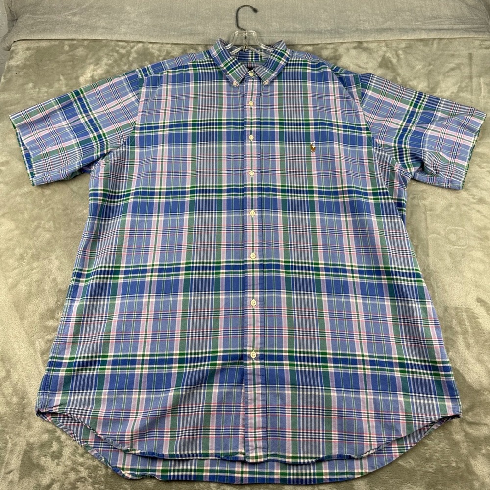 Ralph Lauren Shirt Mens 2XLT Button-Down Blue Plaid Short Sleeve EUC